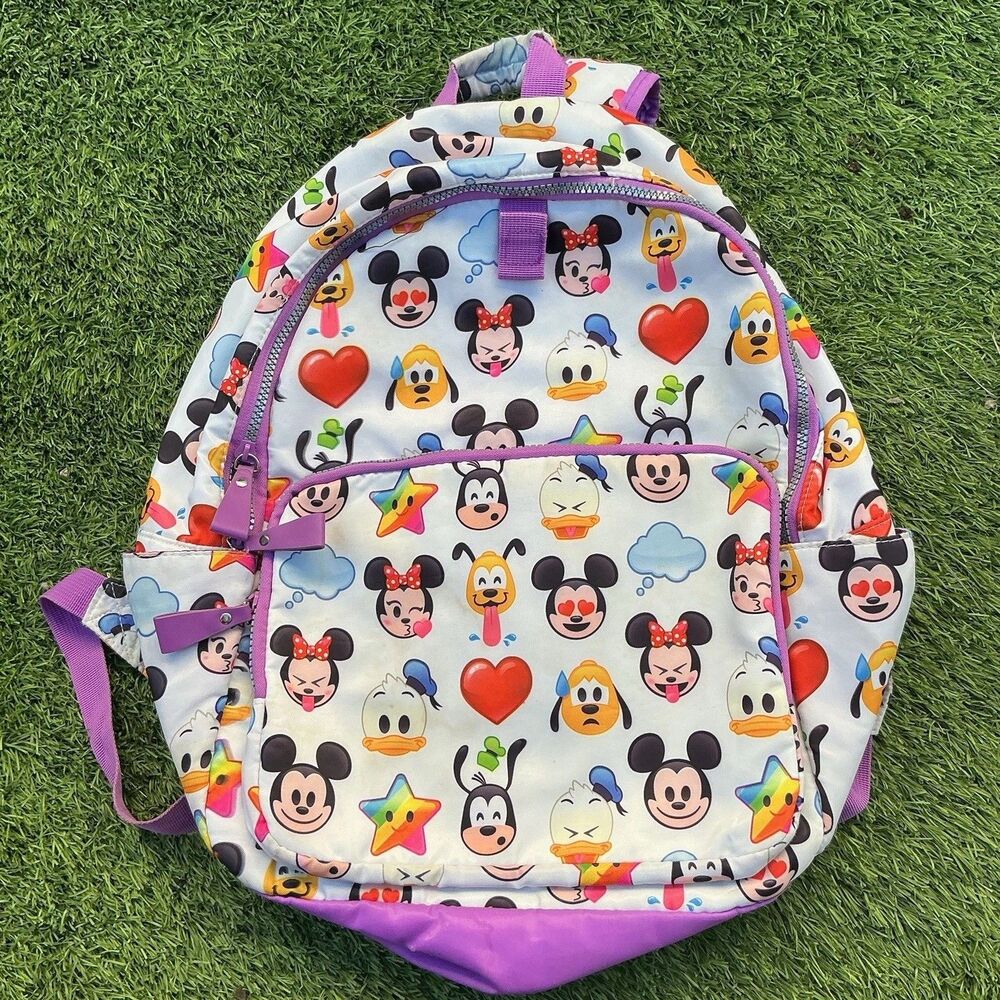 Disney Emoji Mickey Minnie Donald Goofy Pluto Backpack Purple White School Bag
